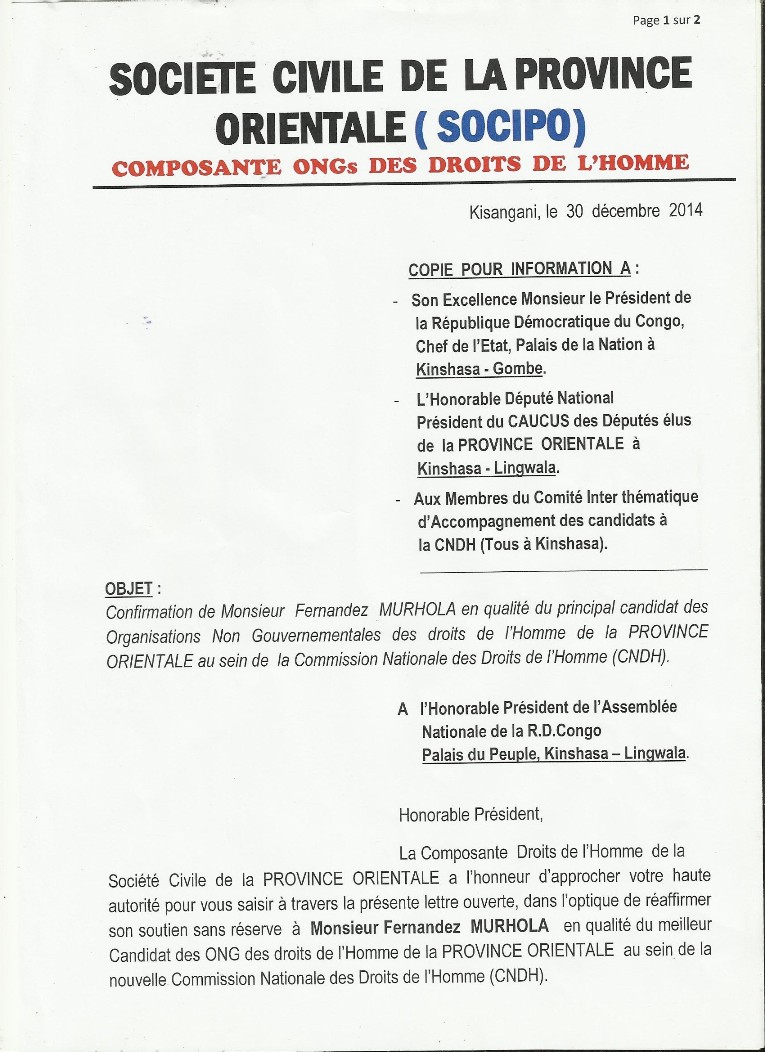 CNDH, la Province Orientale opte pour Fernandez MURHOLA, Page 1 de 2