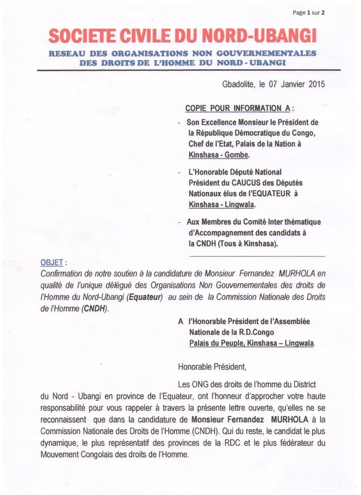 CNDH, le Nord-Ubangi soutien M. Fernandez MURHOLA, page 1 de 2