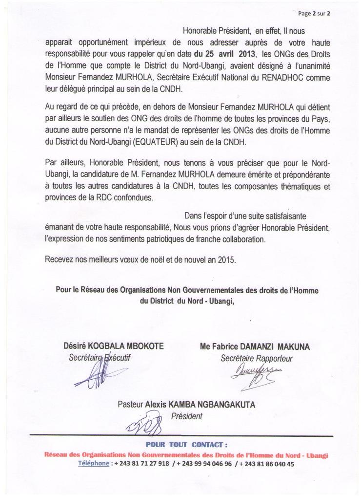 CNDH, le Nord-Ubangi soutien M. Fernandez MURHOLA, page 2 de 2